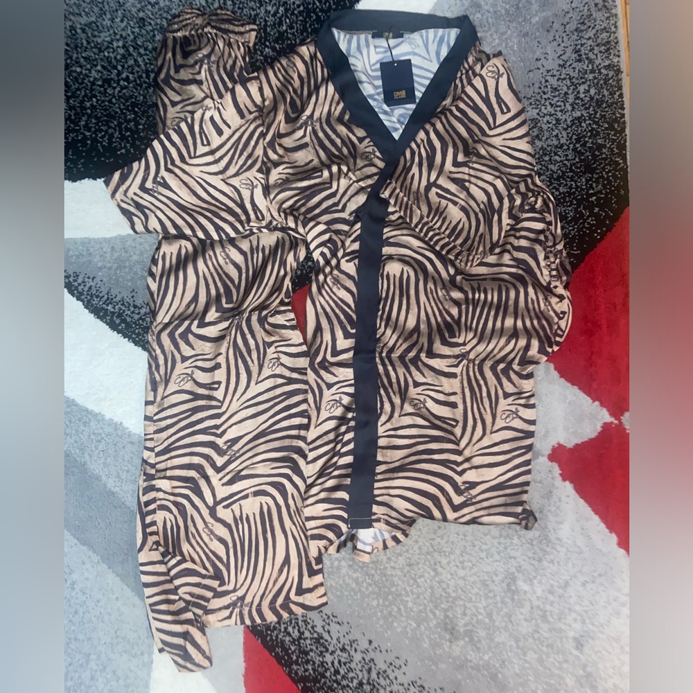 Cavalli Class Beige Women’s Kimono + Silk Pants Size XL